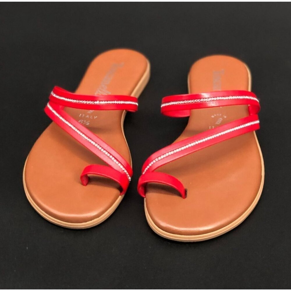 Toscanella Women's Slip-On Flat Sandals Size 6.5 Red Rhinestone Straps Summer